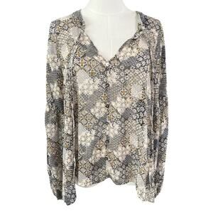 Peace & Pearls Tie Neck Blouse Sheer Long Sleeve Metallic Print Boho Top Large